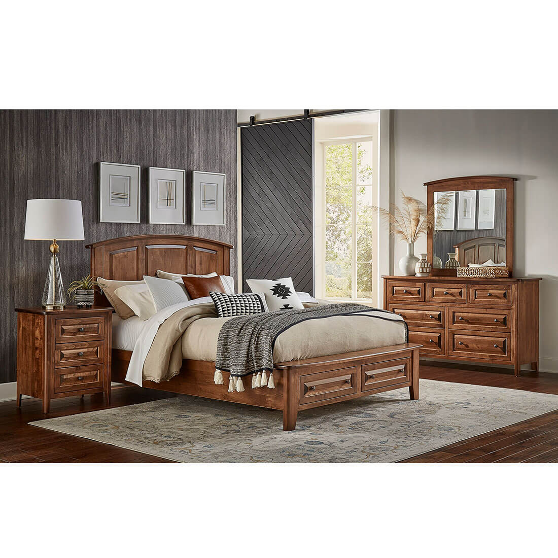 Maple Carson Arched Panel Bed w/ Footboard Storage