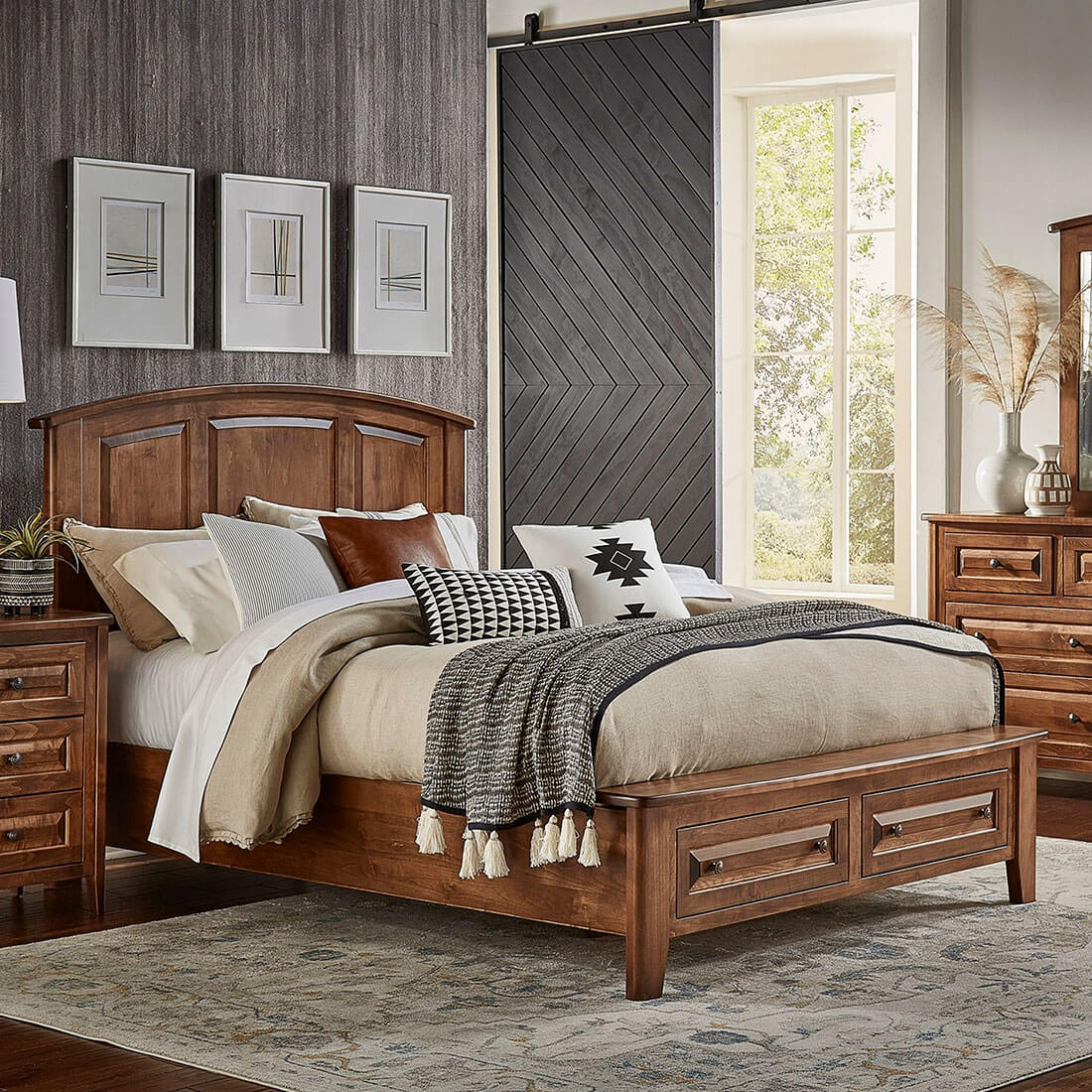 Maple Carson Arched Panel Bed w/ Footboard Storage